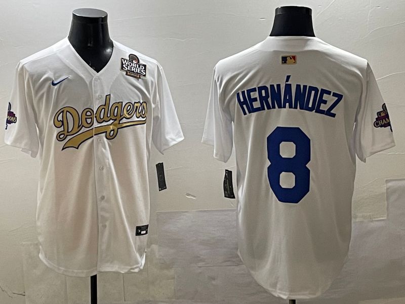 Men Los Angeles Dodgers 8 Hernandez White Champion gold character 2025 Nike MLB Jersey style 3312